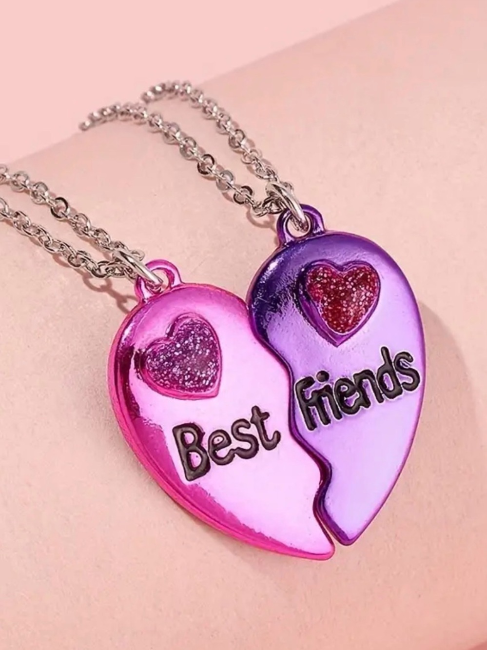 Best Friends Pink & Purple Heart Pendant Necklace Set For Girls.
